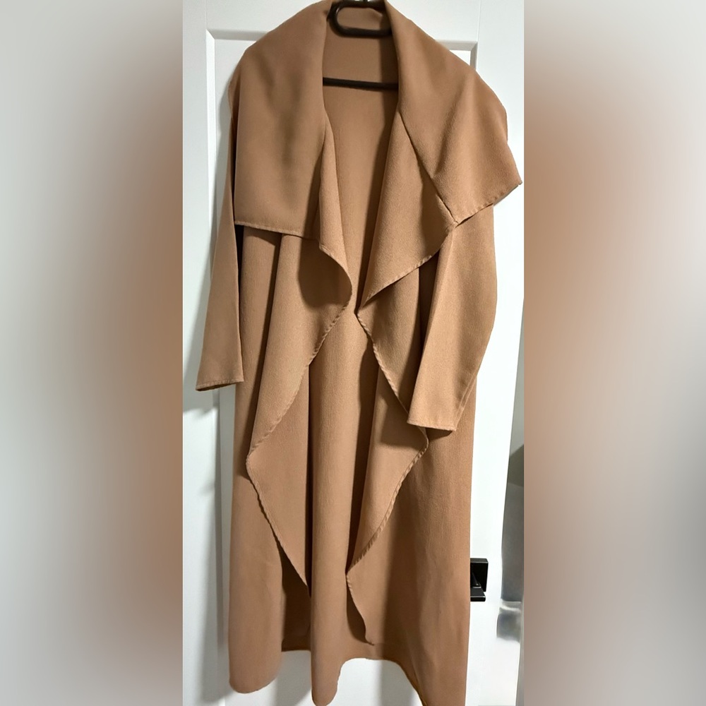 Camel Draped Open Front Long Cardigan